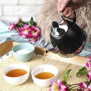 Чайник с цедка KINGHOFF KH 1538, 1 литър, Инокс, Черен/Сребрист