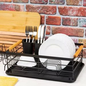 Сушилник за съдове KINGHOFF KH 1728, Поставки за прибори, Дървени дръжки, Черен