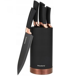 Комплект ножове със стойка KLAUSBERG KB 7614, 6 ч, Неръждаема стомана, Черен/Мед