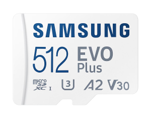 MicroSD памет 512GB SAMSUNG EVO Plus, microSDXC UHS-I U3 V30 A2 Class10 + SD Адаптер