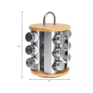 Бурканчета за подправки на стойка KLAUSBERG KB 7552, 12бр. бурканчета, Бамбук и стомана, Инокс/кафяв
