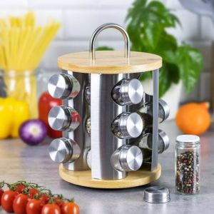 Бурканчета за подправки на стойка KLAUSBERG KB 7552, 12бр. бурканчета, Бамбук и стомана, Инокс/кафяв