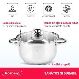 Тенджера ROSBERG R51210O26, 6.3L, 26 см, Стъклен капак с отвор за пара, Инокс