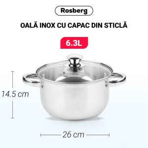 Тенджера ROSBERG R51210O26, 6.3L, 26 см, Стъклен капак с отвор за пара, Инокс