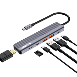 USB HUB CANYON DS-17 (CNS-TDS17), 6in1 USB C hub, HDMI 4K Ultra HD, 2xUSB 3.2, USB-C, MicroSD card reader, Aluminum case