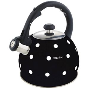 Свирещ чайник KINGHOFF KH 1048, 2 литра, Топлоизолирана дръжка, Подходящ за индукция, Неръждаема стомана, Черен на бели точки