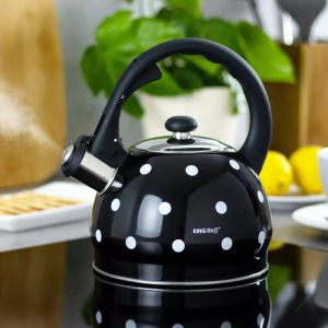 Свирещ чайник KINGHOFF KH 1048, 2 литра, Топлоизолирана дръжка, Подходящ за индукция, Неръждаема стомана, Черен на бели точки
