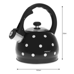 Свирещ чайник KINGHOFF KH 1048, 2 литра, Топлоизолирана дръжка, Подходящ за индукция, Неръждаема стомана, Черен на бели точки