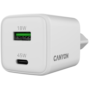 Зарядно у-во CANYON CU45AC GaN 45W 1xPD 1xQC EU White
