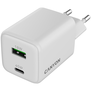 Зарядно у-во CANYON CU45AC GaN 45W 1xPD 1xQC EU White