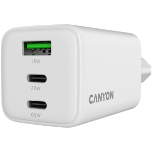 Зарядно у-во CANYON CU65ACC, GaN 65W 2xPD 1xQC EU White
