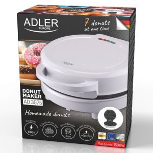 Уред за донъти ADLER AD 3075, 1500W, 7 понички наведнъж, Незалепващи плочи, Бял