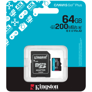 MicroSD памет 64GB KINGSTON Canvas Go! Plus Gen4, microSDXC Class 10, UHS-I, U3, V30, A2 up to 200MB/s + SD адаптер