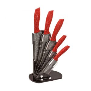 Комплект ножове Voltz V51633A5, 5 броя, Мраморно покритие, Стойка, Червен/сив