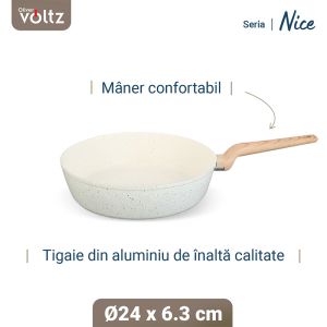 Дълбок тиган Voltz Nice OV54419E24D, 24x6.3 см, Мраморно покритие, Индукция, Кремав меланж