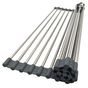 Постелка за сушене на съдове Kinghoff KH 1903, 45х32 см, Устойчива на корозия, Силиконви краища, Неплъзгаща се, Сгъваема, Инокс/сив