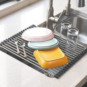 Постелка за сушене на съдове Kinghoff KH 1903, 45х32 см, Устойчива на корозия, Силиконви краища, Неплъзгаща се, Сгъваема, Инокс/сив