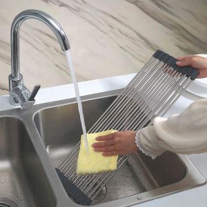 Постелка за сушене на съдове Kinghoff KH 1903, 45х32 см, Устойчива на корозия, Силиконви краища, Неплъзгаща се, Сгъваема, Инокс/сив