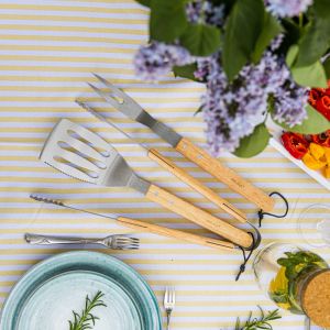 Комплект 3 бр прибори за барбекю Kinghoff KH 1918, Шпатула, Щипка, Влица, Дървени дръжки, Примки за окачване, Инокс/кафяв