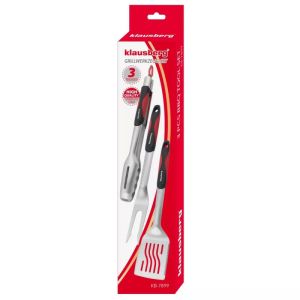 Комплект 3бр прибори за барбекю Klausberg KB 7899, Щипка, Вилица, Шпатула, Отвор за окачване, Неръждаема стомана, Черен/Червен