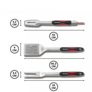 Комплект 3бр прибори за барбекю Klausberg KB 7899, Щипка, Вилица, Шпатула, Отвор за окачване, Неръждаема стомана, Черен/Червен