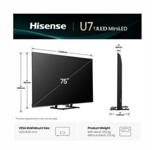 Телевизор Hisense 75"U7Q, 4K Ultra HD 3840x2160, ULED, FALD, Quantum Dot, 144Hz, IPS, HDR 10+, HLG, Dolby Vision IQ, Dolby Atmos, Smart TV, WiFi 5GHz, WiFi Direct, BT, Anyview Cast,light sensor, 4xHDMI, 2xUSB, LAN, CI+, DVB-T2/C/S2, Black
