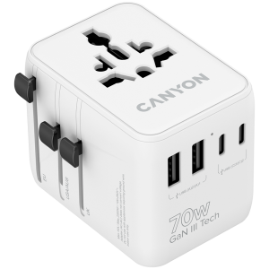 Универсален адаптер за пътуване CANYON OnTour 70, EU/UK/US/AUS 70W  White