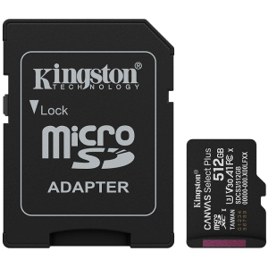 MicroSD памет 512GB KINGSTON Canvas Select Plus, microSDXC Class 10 UHS-I U3 V10, A1 150MB/s + SD Адаптер