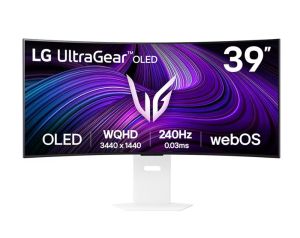 Монитор LG 39GX90SA-W UltraGear, 39" OLED Curved 800R, WQHD (3440x1440) 240Hz, 21:9, 0.03ms, 275cd/m², 1.5M:1, Smart, webOS 24, AMD FreeSync Premium, NVIDIA G-Sync, Speakers, Wi-Fi/Bluetooth, 2xHDMI, DP, USB-C, LAN, White
