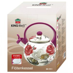 Свирещ чайник Kinghoff KH 1911, 2 л, Емайл, Топлоизолирана дръжка, Индукция, Бял/Розов