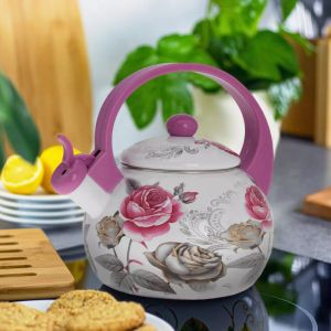 Свирещ чайник Kinghoff KH 1911, 2 л, Емайл, Топлоизолирана дръжка, Индукция, Бял/Розов