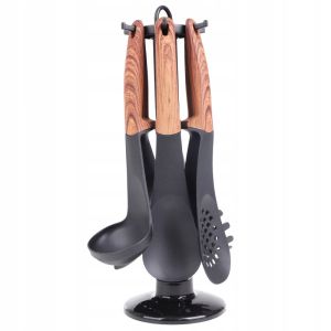 Комплект кухненски прибори с поставка Royalty Line RL-U03, 7 части, Полипропилен, До 210C, Без PFOA, Черен