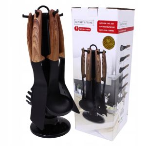 Комплект кухненски прибори с поставка Royalty Line RL-U03, 7 части, Полипропилен, До 210C, Без PFOA, Черен