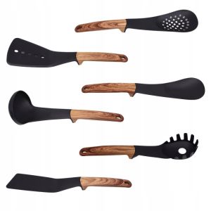 Комплект кухненски прибори с поставка Royalty Line RL-U03, 7 части, Полипропилен, До 210C, Без PFOA, Черен