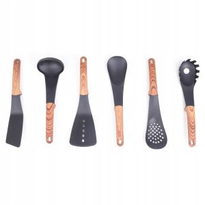 Комплект кухненски прибори с поставка Royalty Line RL-U03, 7 части, Полипропилен, До 210C, Без PFOA, Черен