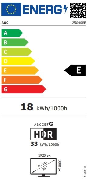 Монитор AOC 25G4SRE, 24.5" Fast IPS, FullHD (1920x1080) 300Hz, 16:9, 0.3ms, 400cd/m2, 1000:1, Adaptive Sync, 2xHDMI, DP, Black