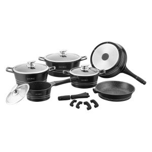 Комплект тенджери и тигани Royalty Line RL-ES1014M Black, Лят алуминий, 14 части, Мраморно покритие, Черен