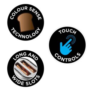 Тостер за хляб Russell Hobbs Attentiv 26210-56, 1640W, 2 филии, 6 степени, Центриране, Сензорно управление, LED, Запаметяване, Високо повдигане, Без BPA и PFAS, Инокс/черен