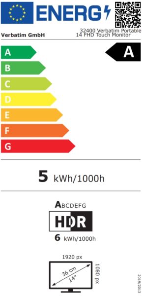 Монитор VERBATIM Portable Light series, 14" IPS Touch, FullHD (1920x1080) 60Hz, 16:9, 10ms, 250cd/m², 1000:1, Speaker, USB-C, Mini HDMI, Black