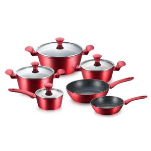 Комплект тенджери и тигани Royalty Line FD10, 10 части, Лят алуминий, Greblon мраморно покритие, Индукция, Червен