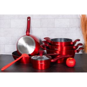 Комплект тенджери и тигани Royalty Line FD10, 10 части, Лят алуминий, Greblon мраморно покритие, Индукция, Червен