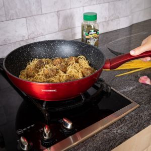 Комплект тенджери и тигани Royalty Line FD10, 10 части, Лят алуминий, Greblon мраморно покритие, Индукция, Червен