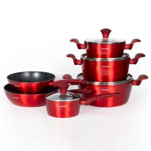 Комплект тенджери и тигани Royalty Line FD10, 10 части, Лят алуминий, Greblon мраморно покритие, Индукция, Червен