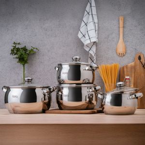 Комплект тенджери Oliver Voltz OV51210G8B, 8 части, Многослойно дъно, Индукция, Неръждаема стомана, Сребрист