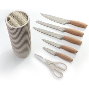 Комплект ножове Royalty Line DC07E, 7 части, Поставка, Ножица, Неръждаема стомана, Ергономични дръжки, Бежов