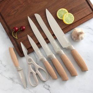 Комплект ножове Royalty Line DC07E, 7 части, Поставка, Ножица, Неръждаема стомана, Ергономични дръжки, Бежов