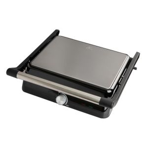 Електрическа скара Rosberg R51442M, 2000W, Грил, Незалепващи плочи-29х23 см, Отваряне на 180°C, Инокс/черен