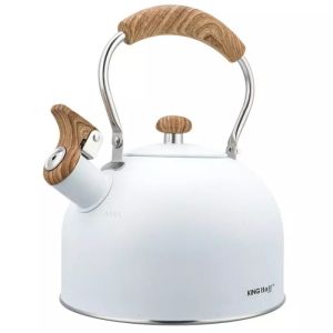 Свирещ чайник Kinghoff KH 1860, 2.5 л, Индукция, Дървена дръжка, Бял