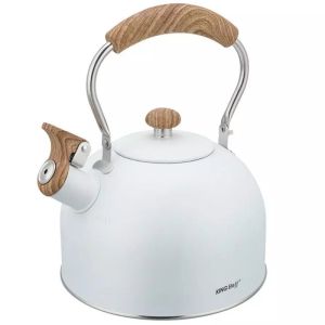 Свирещ чайник Kinghoff KH 1860, 2.5 л, Индукция, Дървена дръжка, Бял
