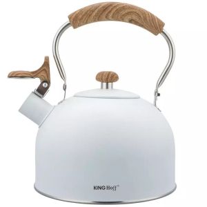 Свирещ чайник Kinghoff KH 1860, 2.5 л, Индукция, Дървена дръжка, Бял